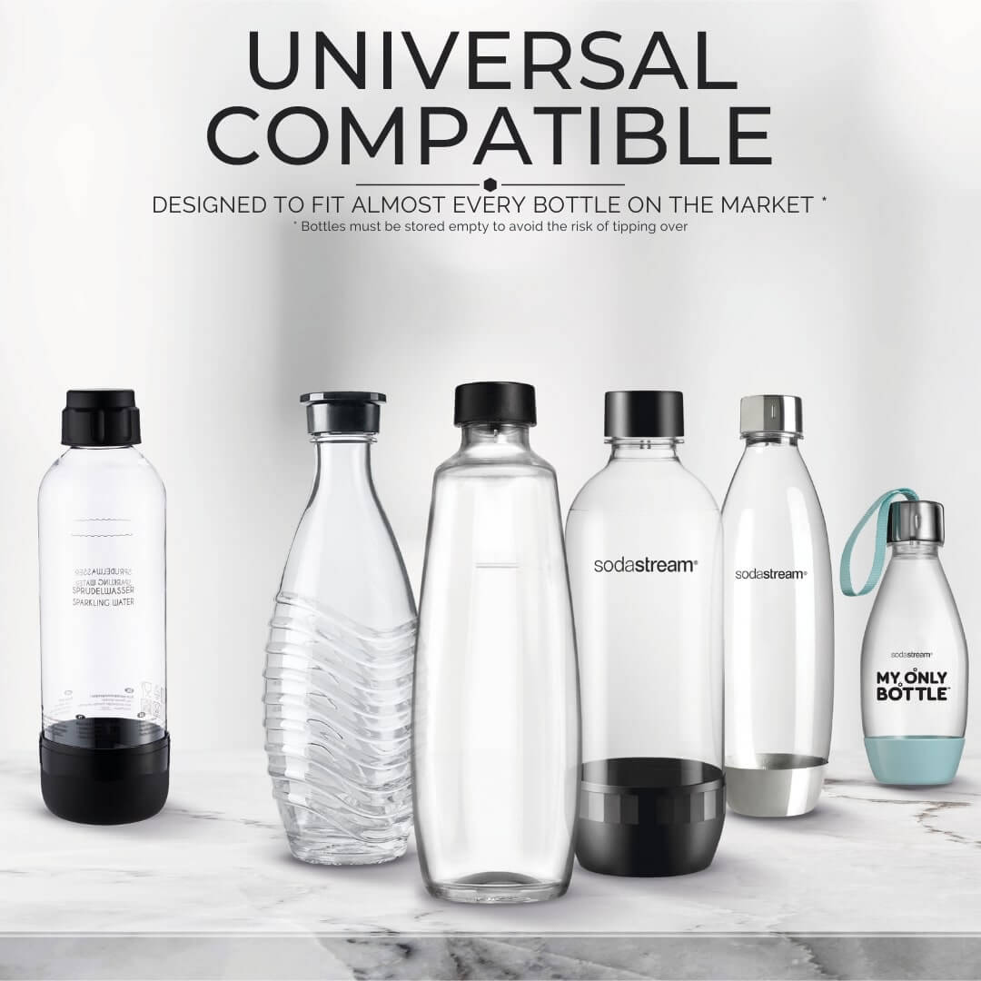 various Sodastream bottles to show they are all compatible with the domhus stainless steel bottle holder 