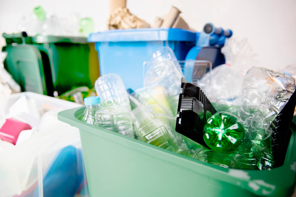 many plastic bottles in recycling bins